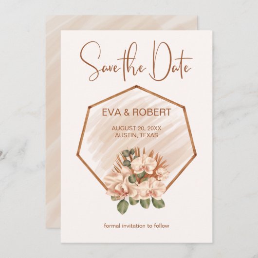 Save The Date Brown vert orchidée Boho Eucalyptus Mariage (Devant / Derrière)