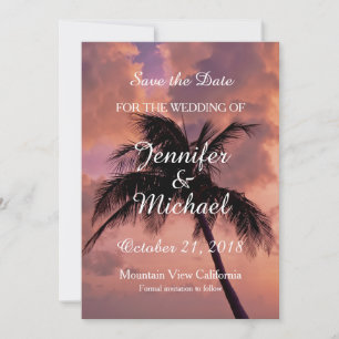 Save the Date Bruiloft Palm Tree Sunset Beach
