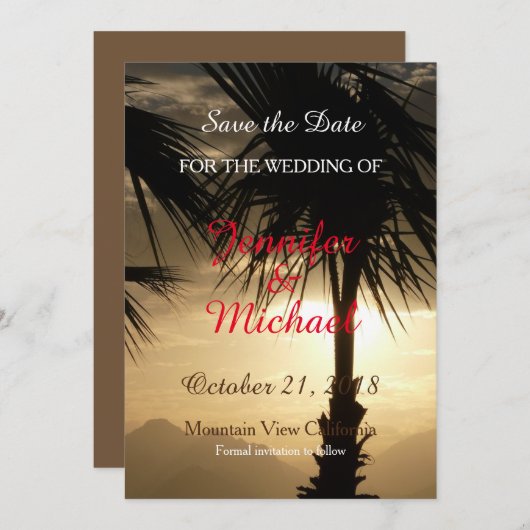 Save the Date Bruiloft Palm Tree Sunset Beach (Voorkant / Achterkant)