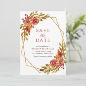 Save The Date Brûlé Orange Floral Gold Frame Mariage de automne  (Debout devant)