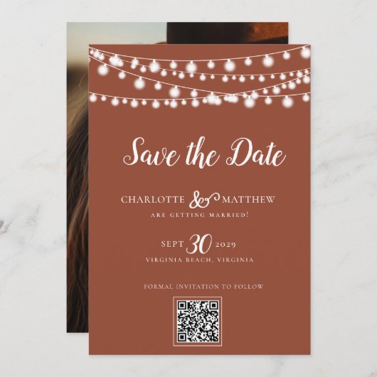 Save The Date Brûlé Orange String Lights Script moderne Enregist (Devant / Derrière)