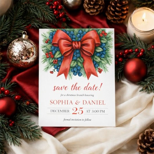 Save The Date Brunch de Noël aquarelle Ruban Rouge
