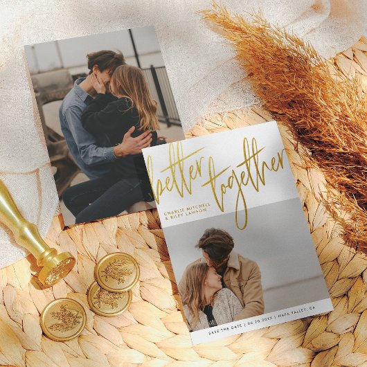 Save The Date Brush Gold Script Mieux Ensemble Photo Fiançailles