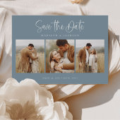 Save The Date Budget Bleu Simple Calligraphie Script Quatre Phot