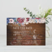 Save The Date Budget Burgundy Blue Floral dentelle Mariage SAVE  (Debout devant)