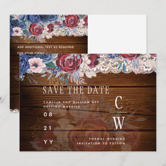Save The Date Budget Burgundy Blue Floral dentelle Mariage SAVE  (Devant / Derrière)