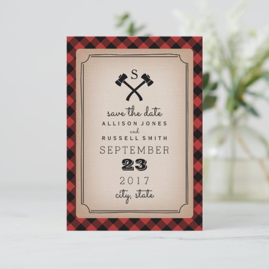 Save The Date Buffalo Plaid Monogramme Ax Enregistrer La Date (Debout devant)