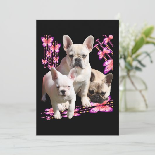 Save The Date Bulldog français avec trois bulldogs en rose (Debout devant)