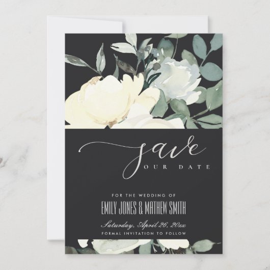 SAVE THE DATE BUNCH FLORAL AQUA EN IVOIRE NOIR (Devant)