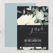 SAVE THE DATE BUNCH FLORAL AQUA EN IVOIRE NOIR (Devant / Derrière)
