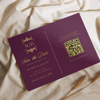 Save The Date Burgundy And Gold Monogram Qr Code Wedding