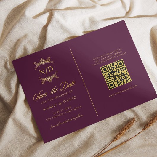 Save The Date Burgundy And Gold Monogram Qr Code Wedding