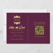 Save The Date Burgundy And Gold Monogram Qr Code Wedding (Devant)