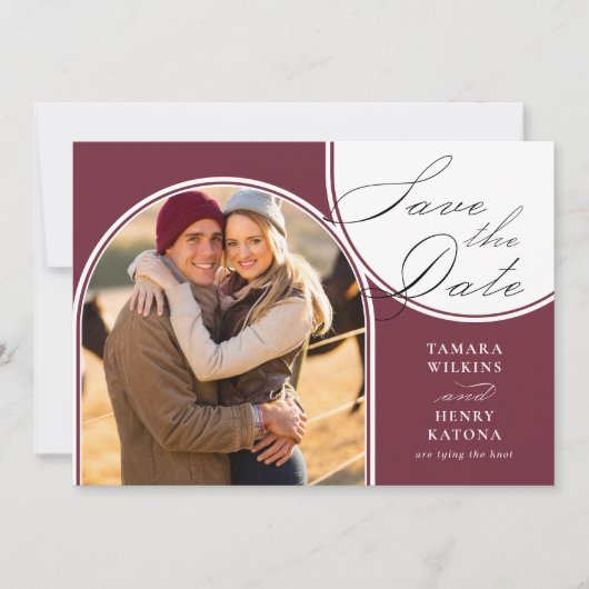 Save The Date Burgundy Arched Photo Mariage Calligraphie (Devant)