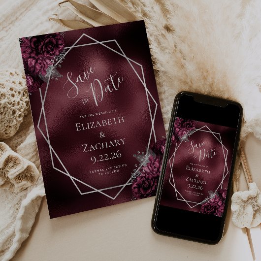 Save The Date Burgundy Argent Floral Géométrique Enregistrer la