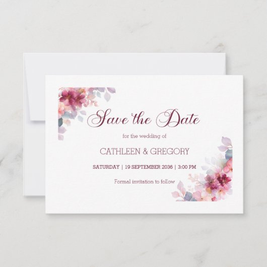 Save The Date Burgundy Autumn Watercolor Calligraphy Wedding (Devant)