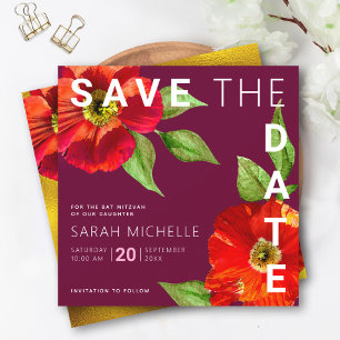 Save The Date Burgundy Bat Mitzvah Rouge Floral Aquarelle Modern