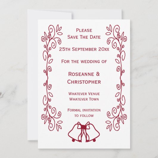Save The Date Burgundy Bells Scrollwork Design Mariage (Devant)