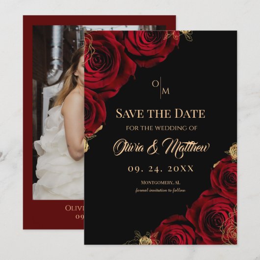 Save The Date Burgundy Black Red Rose Floral Wedding (Devant / Derrière)