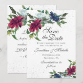 Save The Date Burgundy Blanc Bleu Élégant Mariage Floral (Devant / Derrière)