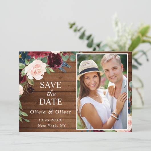 Save The Date Burgundy Blue Blush Russe PHOTO Floral Mariage (Debout devant)