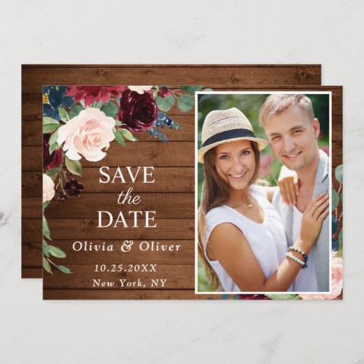 Save The Date Burgundy Blue Blush Russe PHOTO Floral Mariage (Devant / Derrière)