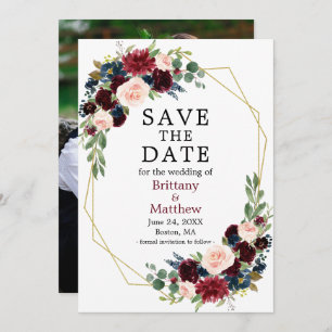 Save The Date Burgundy Blue Watercolor Floral Photo Geo Frame