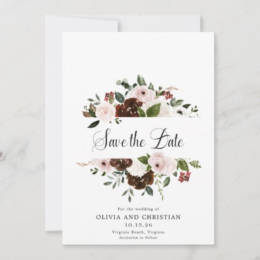 Save The Date Burgundy Blush Floral Moderne Calligraphie (Devant)