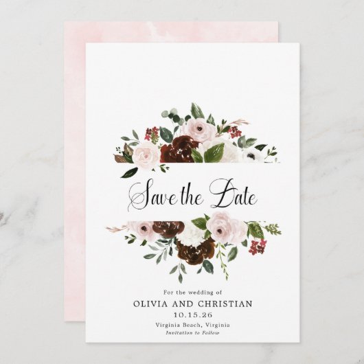 Save The Date Burgundy Blush Floral Moderne Calligraphie (Devant / Derrière)