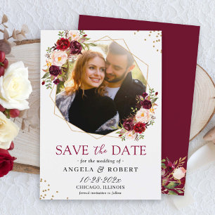 Save The Date Burgundy Blush Floral moderne Or Photo géométrique