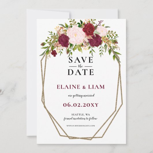 Save The Date Burgundy Blush Gold Floral Mariage (Devant)