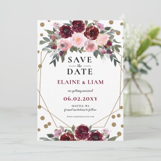 Save The Date Burgundy Blush Gold Floral Mariage Enregistrer T (Debout devant)