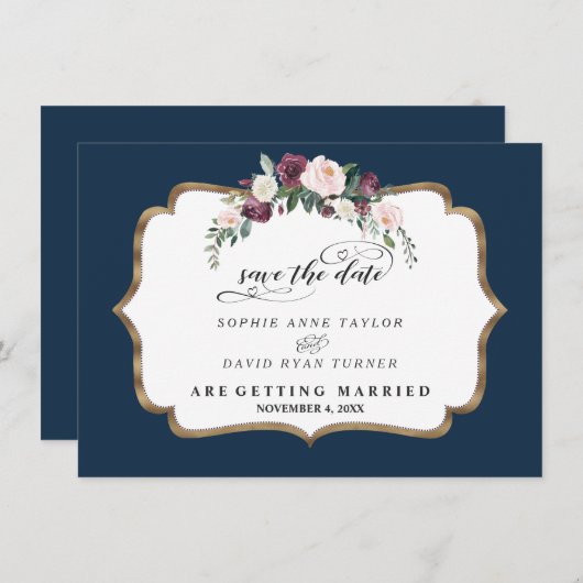 Save The Date Burgundy Blush Ivory Florom Gold Mariage (Devant / Derrière)