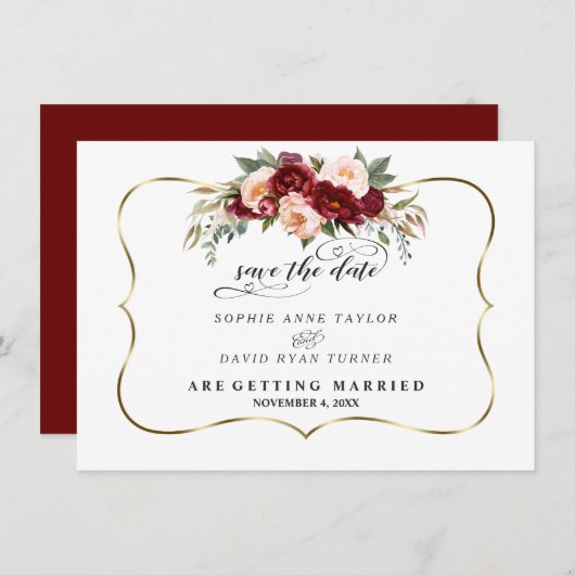 Save The Date Burgundy Blush Ivory Florom Gold Mariage (Devant / Derrière)