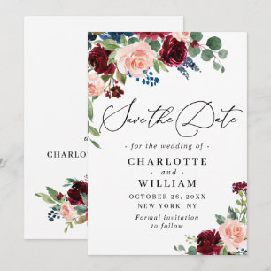 Save The Date Burgundy Blush Navy Floral Roses Floral Mariage