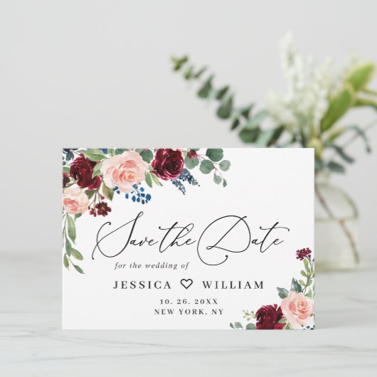 Save The Date Burgundy Blush Navy Floral Roses Floral Mariage (Debout devant)