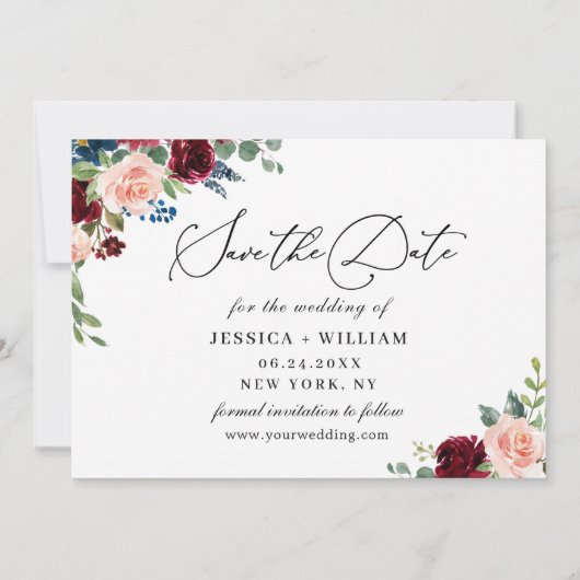 Save The Date Burgundy Blush Navy White Roses 3 PHOTO Mariage (Dos)