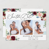 Save The Date Burgundy Blush Navy White Roses 3 PHOTO Mariage (Devant / Derrière)