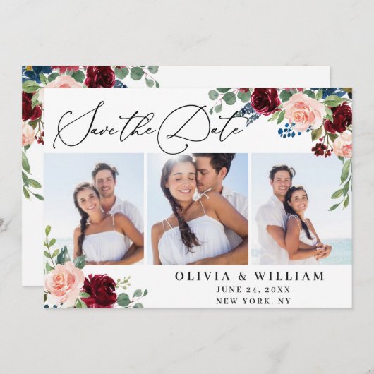 Save The Date Burgundy Blush Navy White Roses 3 PHOTO Mariage (Devant / Derrière)