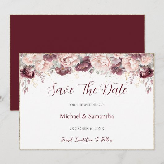 Save The Date Burgundy Blush Peony et Mariage Rose (Devant / Derrière)