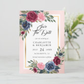 Save The Date Burgundy Blush Rose Navy Blue Floral Mariage (Debout devant)
