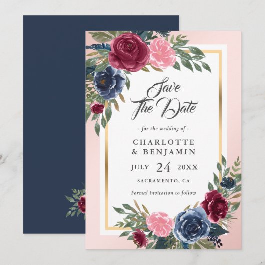 Save The Date Burgundy Blush Rose Navy Blue Floral Mariage (Devant / Derrière)