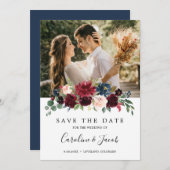 Save The Date Burgundy Blush Rose Navy Blue Floral Mariage (Devant / Derrière)