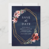 Save The Date Burgundy Blush Roses Rose bleu marine Mariage (Devant)