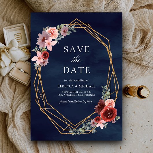 Save The Date Burgundy Blush Roses Rose bleu marine Mariage