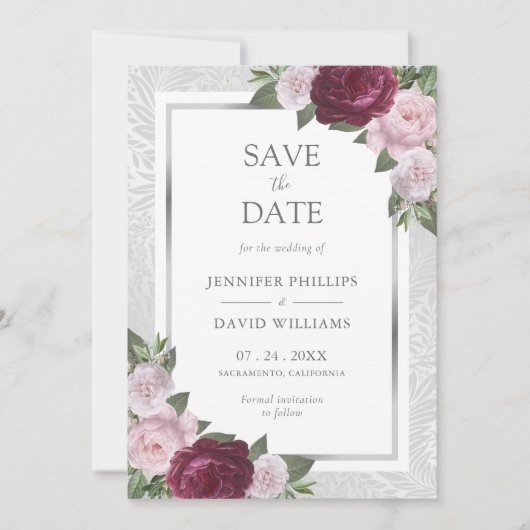 Save The Date Burgundy Blush Silver Wedding Enregistrer Les Cart (Devant)