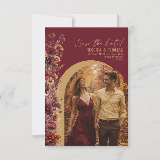 Save The Date Burgundy Boho Chic Wildflowers Arch Photo Wedding (Devant)
