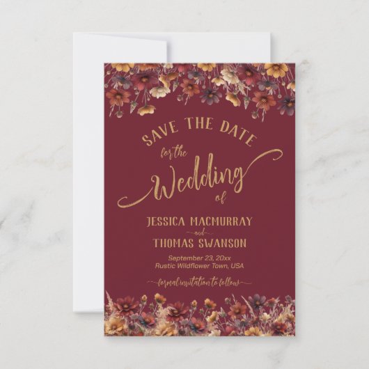 Save The Date Burgundy Boho Chic Wildflowers Calligraphy Wedding (Devant)