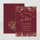 Save The Date Burgundy Boho Chic Wildflowers Calligraphy Wedding (Devant / Derrière)