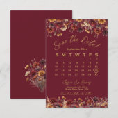 Save The Date Burgundy Boho Chic Wildflowers Wedding Calendar (Devant / Derrière)